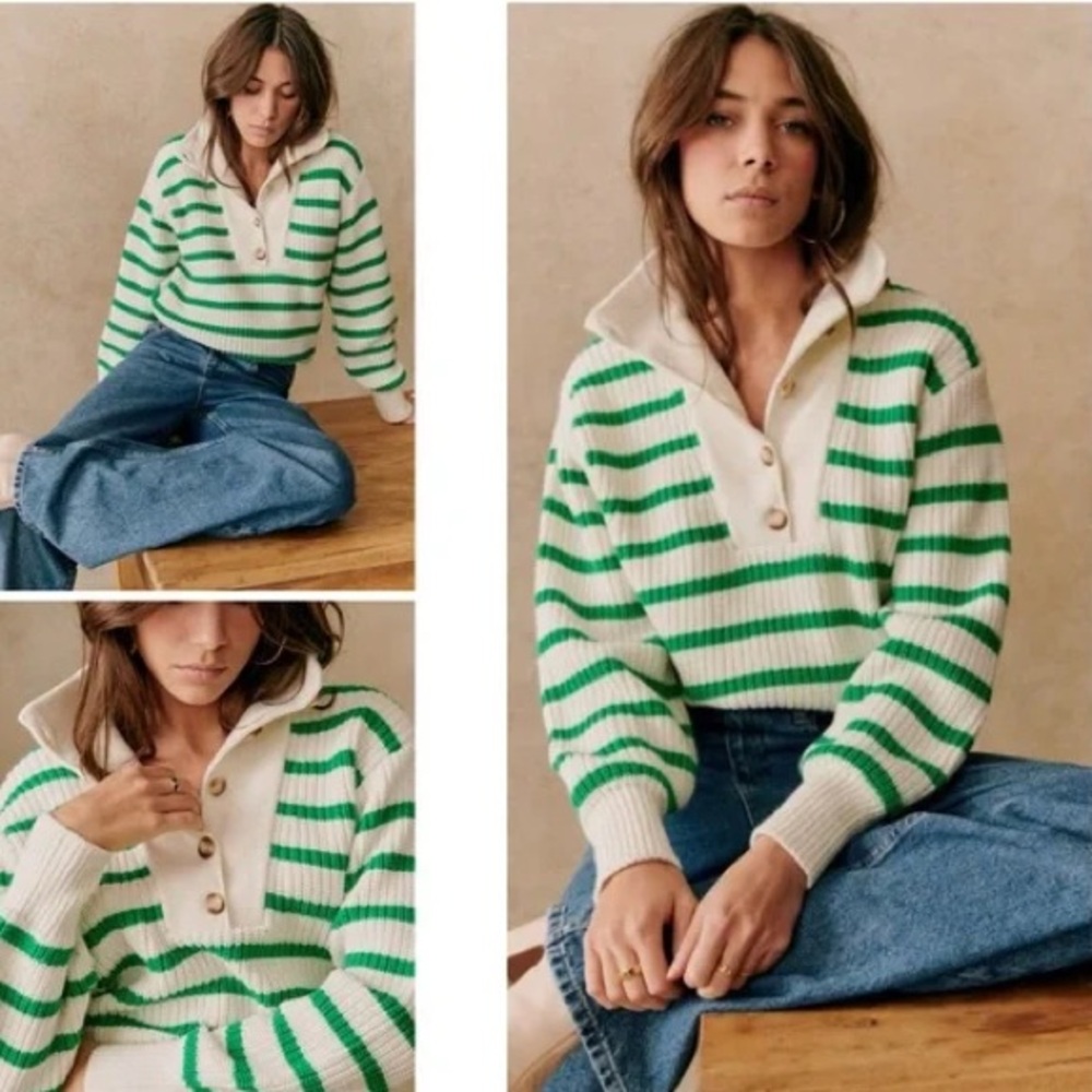Sezane Green and White Striped Sweater